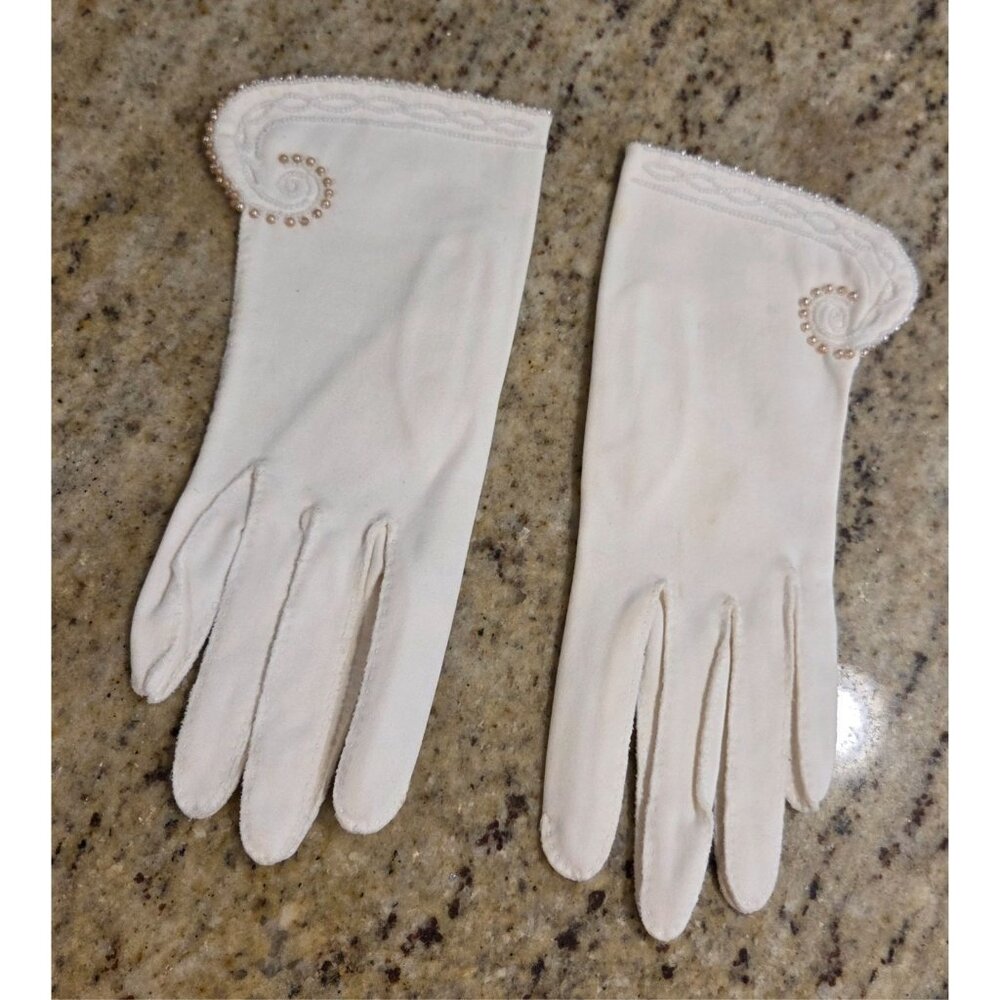 Vintage Womens Size XS S 6 White Gold Cotton Formal Gloves Beaded Art Nouveau